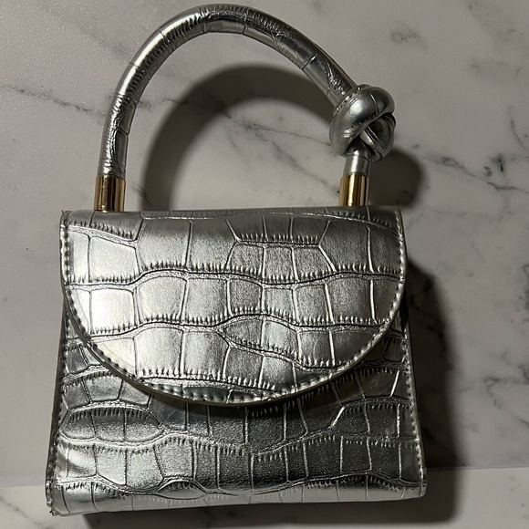 Silver Crocodile-Embossed Mini Handbag with Chain Strap - Picture 1 of 10